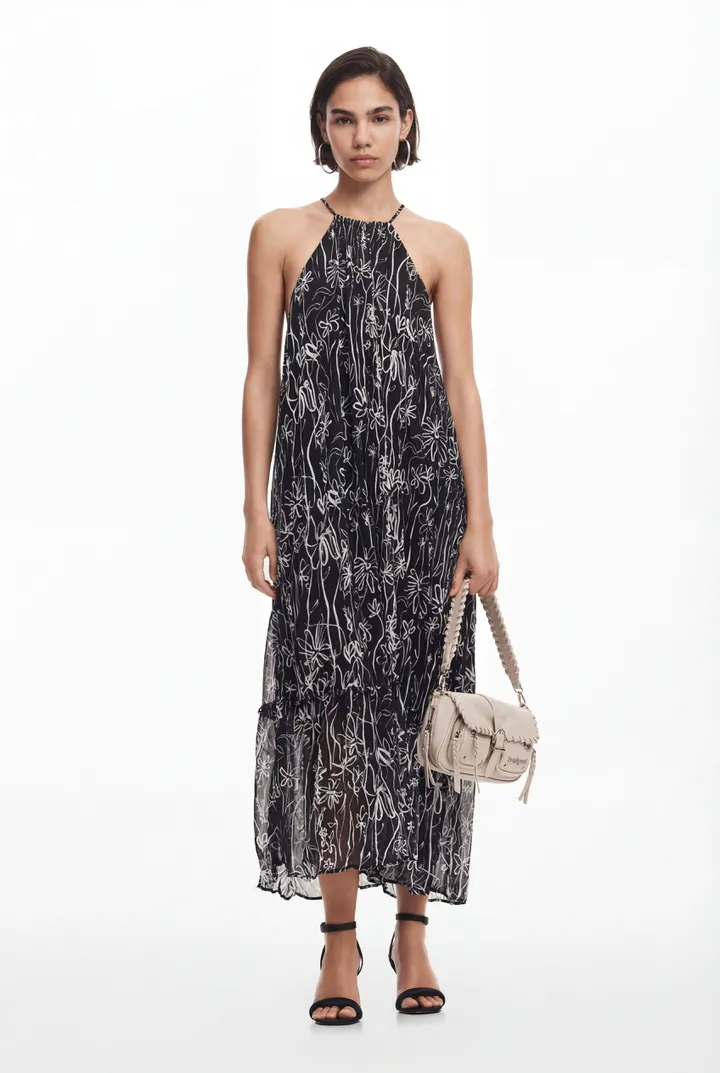 Desigual, Vestido halter ilustraciones flores, Poliester, Negro, L