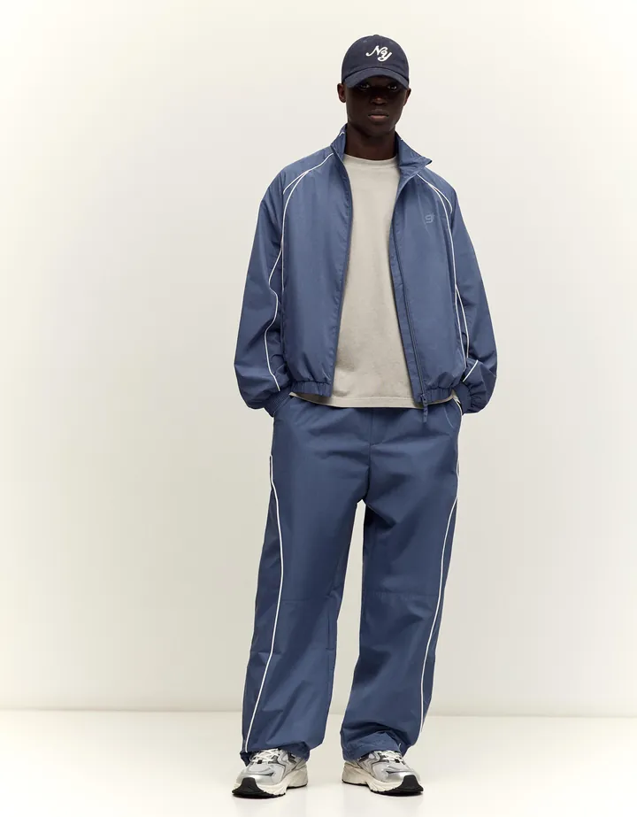 Bershka Pantalón Baggy Técnico Hombre L Azul