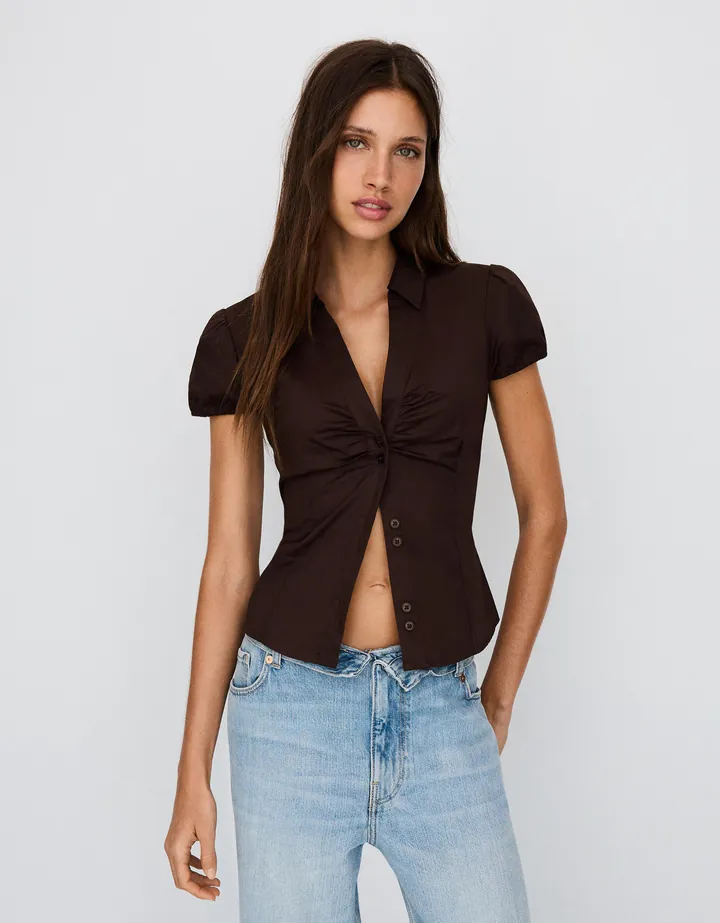 Bershka Camisa Manga Corta Popelín Lazada Mujer L Marrón