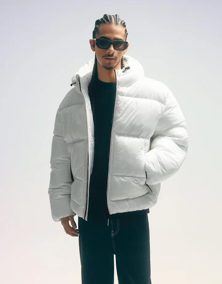 Bershka Cazadora Puffy Capucha Hombre L Blanco