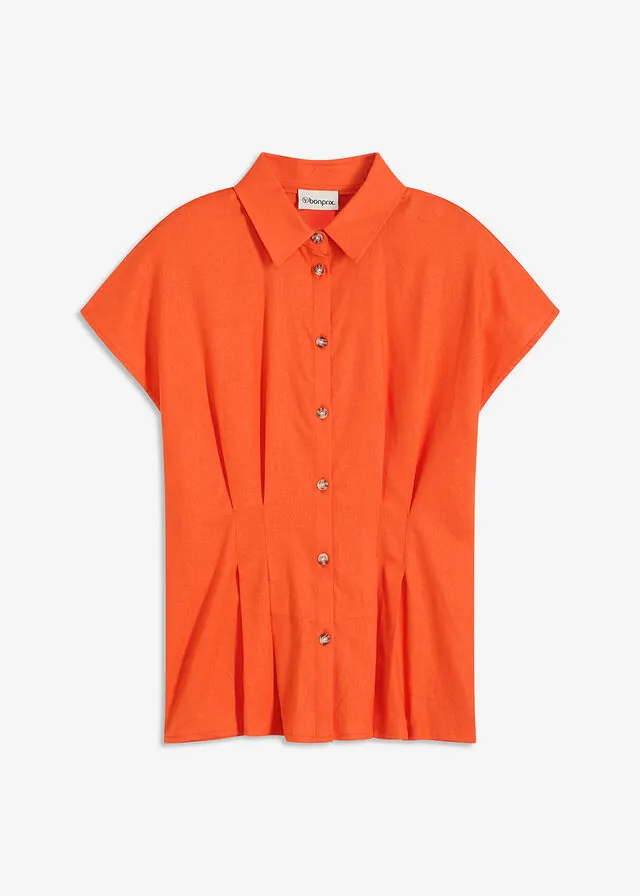 Blusa de manga corta de mezcla de lino vaporoso