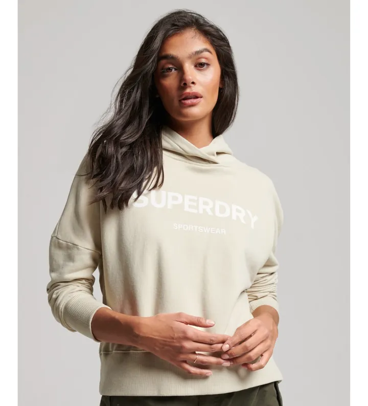 Superdry para mujer. W2011829A Sudadera Core Sport corta de corte cuadrado con capucha beige (14), Casual, Algodón, Manga larga