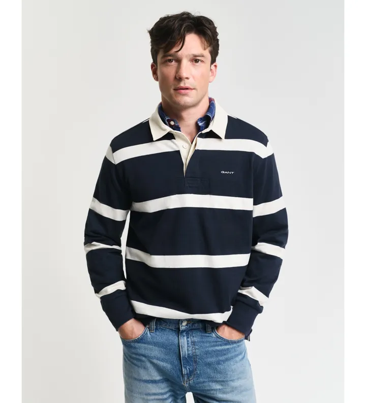 Gant para hombre. 2044013 Polo Rugger de rayas en hilo teñido marino (4XL), Casual, Algodón, Manga larga