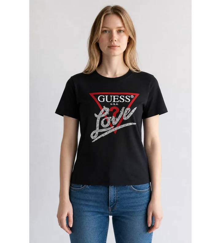 Guess para mujer. W5YI40I3Z14 Camiseta Triángulo con perlas negro (S), Casual, Poliéster, Manga corta