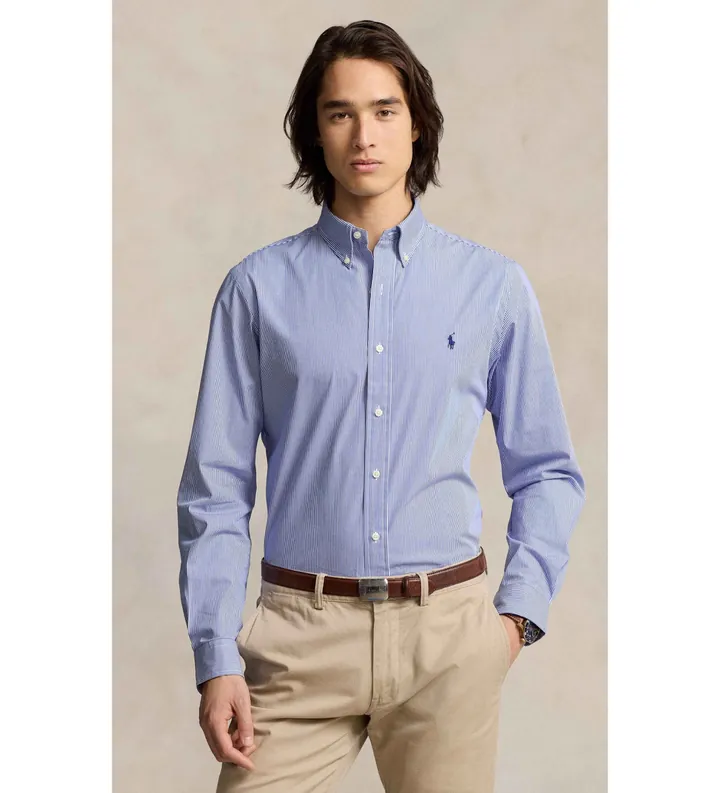 Polo Ralph Lauren para hombre. 710928254007 Camisa Slim Fit de popelina elástica azul (3XL), Casual, Algodón, Clásico, Manga larga