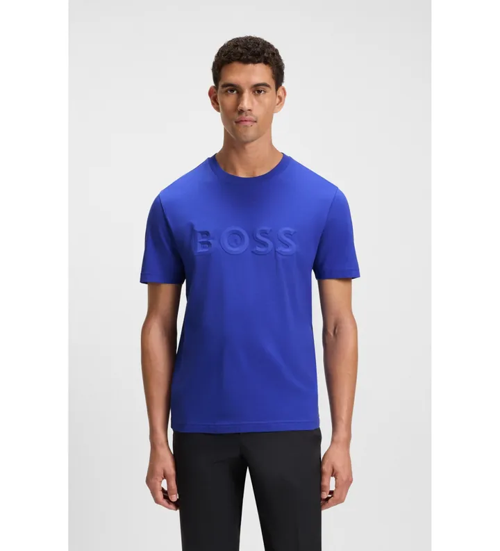 BOSS para hombre. 50548411 Camiseta de punto de algodón con logo en 3D azul (XL), Casual, Manga corta