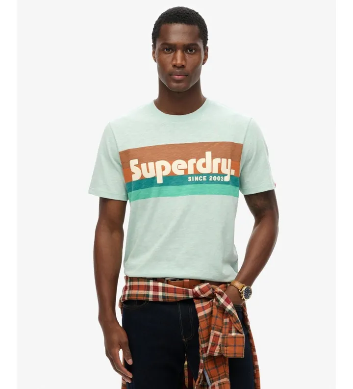 Superdry para hombre. M1012137B Camiseta Terrain Logo Stripe Relaxed verde (L), Casual, Algodón, Manga corta, Turquesa