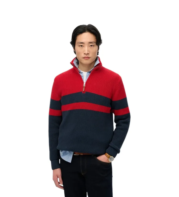 Superdry para hombre. M6110651A Jersey Henley Cotton Classics Stripe Henley rojo, marino (L), Casual, Manga larga