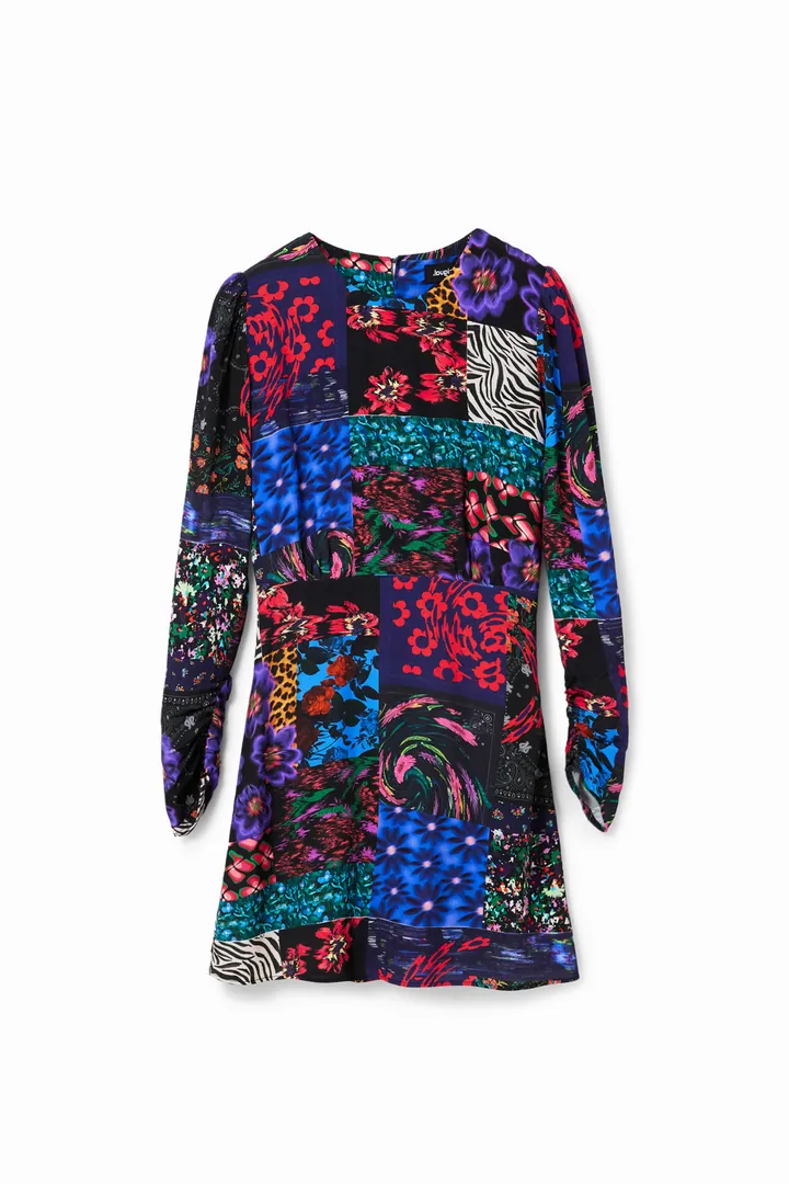 Desigual, Vestido corto cut-out patch, Viscosa, Negro, L