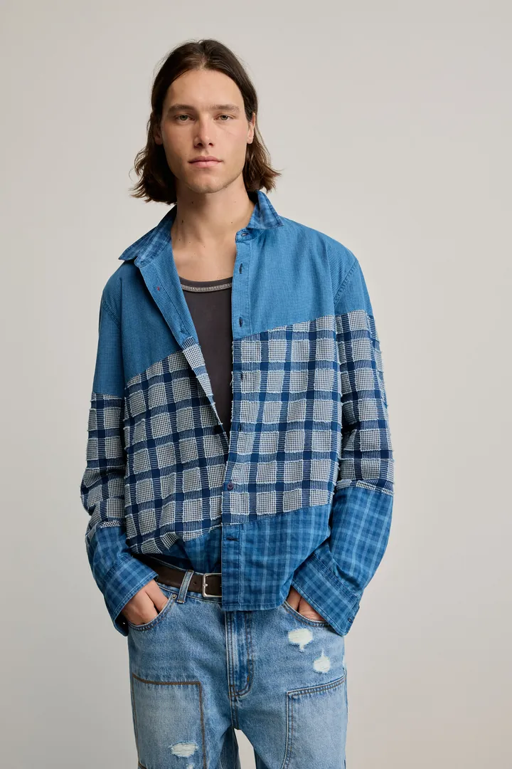 Desigual, Camisa patch cuadros, Hombre, Algodon, Azul, L