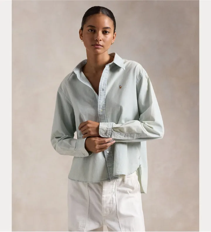 Polo Ralph Lauren para mujer. 211891420001 Camisa Cropped Boxy verde (L), Casual, Algodón, Manga larga