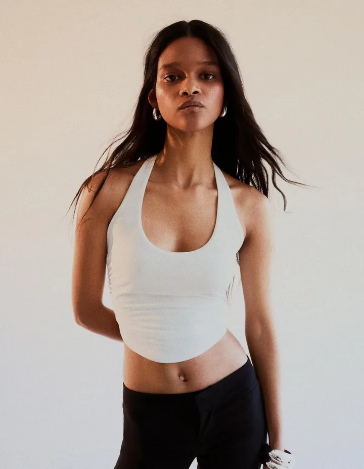 Bershka Top Halter Nudo Espalda Mujer L Blanco Roto