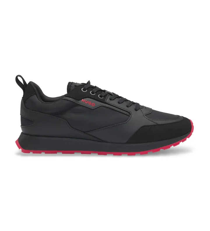 HUGO para hombre. 50536568 Zapatillas de mezcla de materiales con detalles Negro (41), Plano, Cordones, Casual