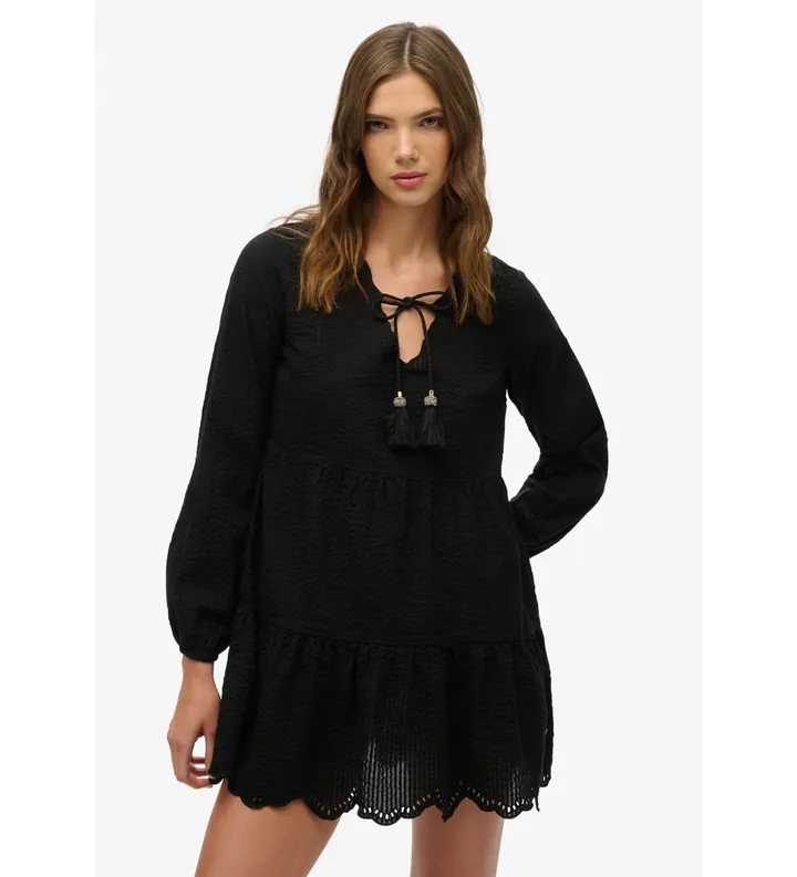 Superdry para mujer. W8011914A Vestido corto Broderie negro (L), Casual, Sintético, Manga larga