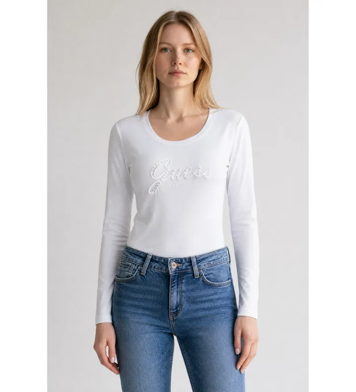 Guess para mujer. W5YI26J1314 Camiseta Embro Script blanco (S), Casual, Poliéster, Manga larga