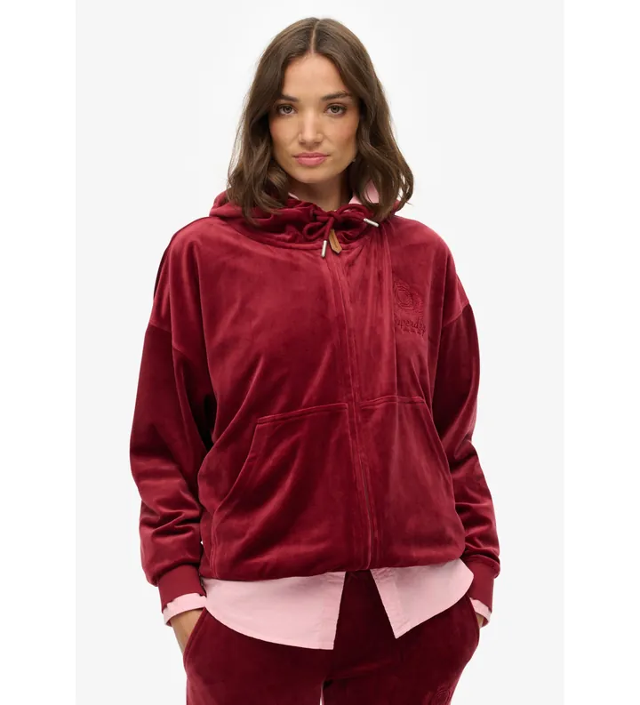 Superdry para mujer. W2012544A Sudadera Country Club Velour Ziphood rojo (L), Casual, Poliéster