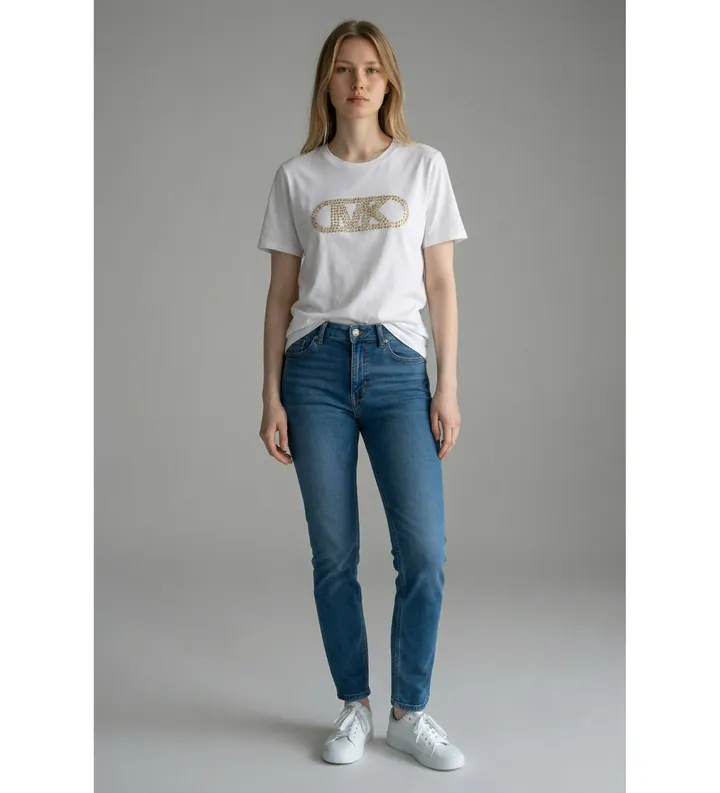 Michael Kors para mujer. MS651SC97J Camiseta logotipo tachuelas blanco (XS), Casual, Algodón, Manga corta