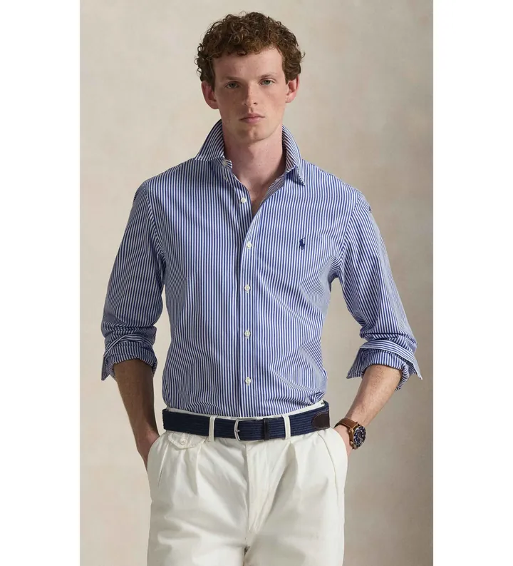 Polo Ralph Lauren para hombre. 710928254008 Camisa Slim Fit de popelina elástica azul (3XL), Casual, Algodón, Clásico, Manga larga