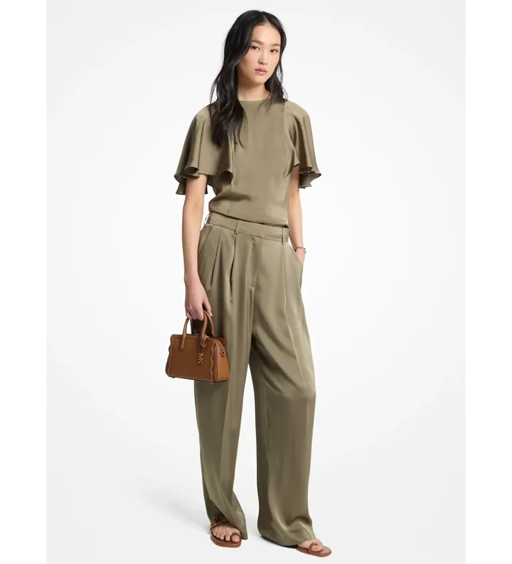 Michael Kors para mujer. MT6411QAYJ Blusa de satén con mangas con vuelo verde (36), Casual, Manga corta, Poliéster Reciclado