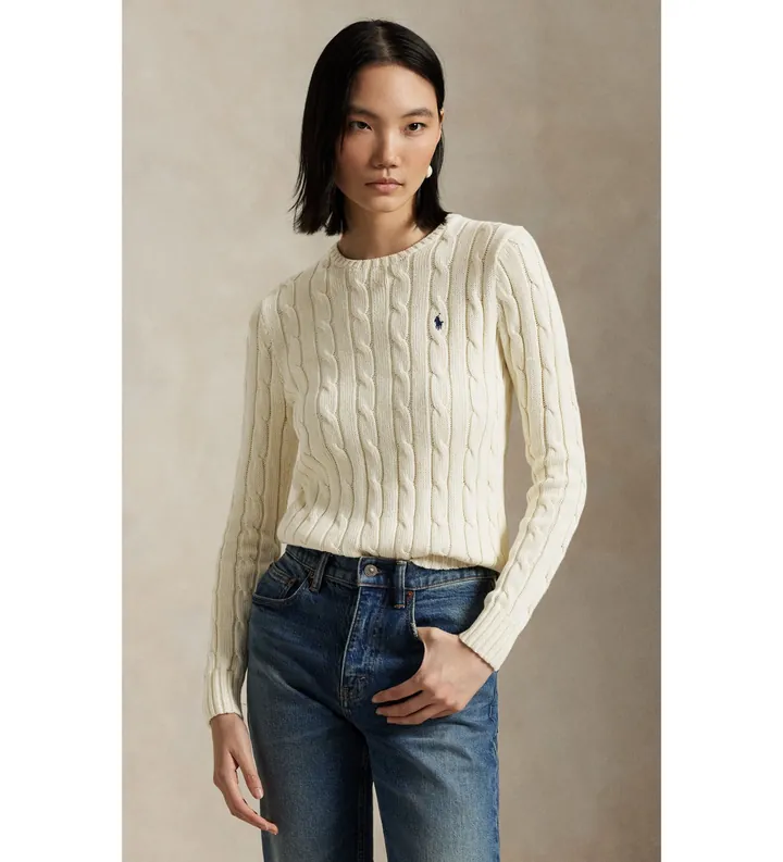 Polo Ralph Lauren para mujer. 211A91216002 Jersey de lana y cachemira blanco crema (L), Casual, Manga larga