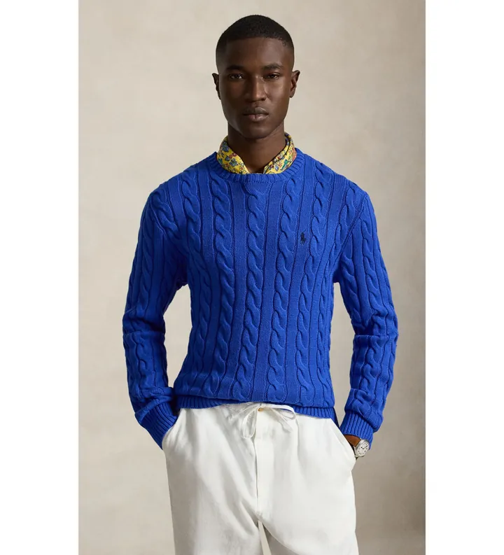 Polo Ralph Lauren para hombre. 710775885546 Jersey de algodón en punto de ochos azul (M), Casual, Manga larga