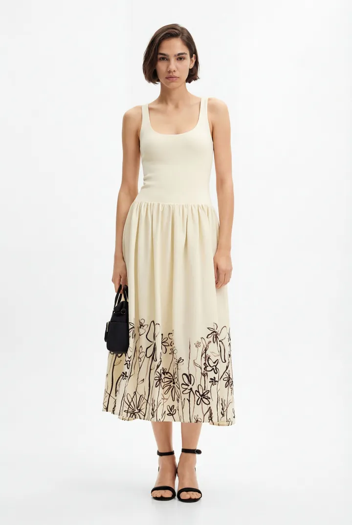 Desigual, Vestido midi evasé flores, Blanco, L