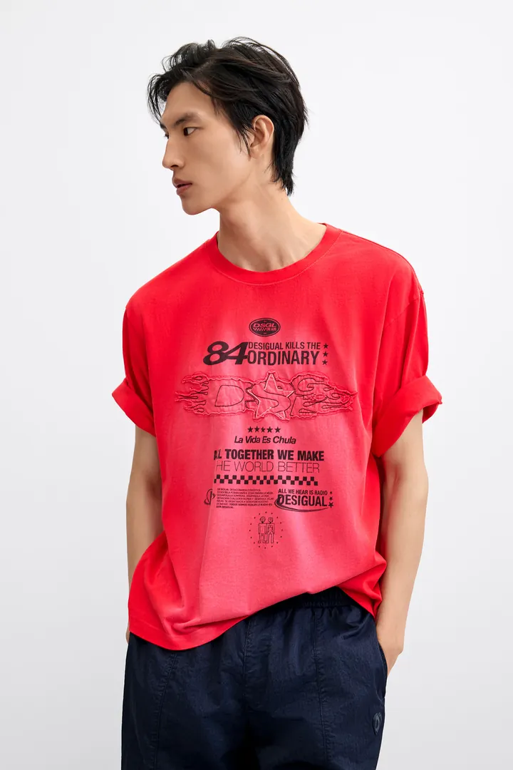 Desigual, Camiseta estampada degradado, Hombre, Algodon, Rojo, L