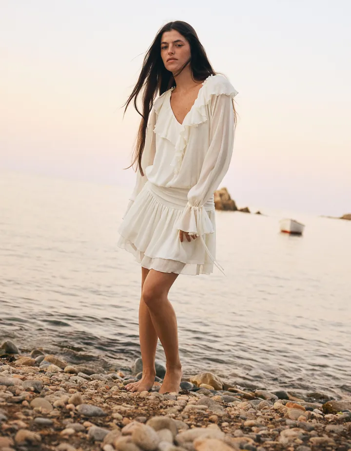 Bershka Vestido Mini Volantes Mujer L Blanco