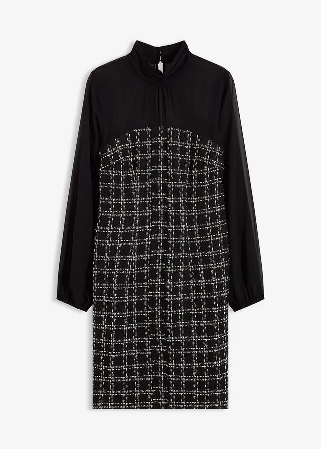 Vestido corto de bouclé con mangas de gasa
