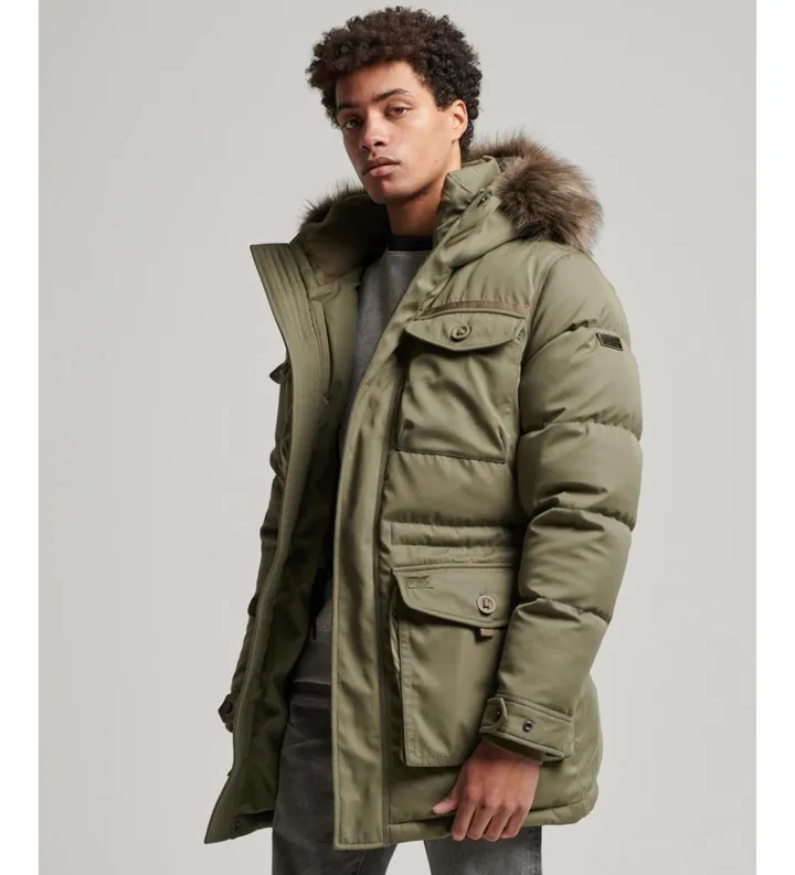 Superdry para hombre. M5011744A Parka de pelo sintético Chinook verde (L), Casual, Poliéster