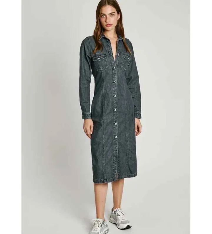 Pepe Jeans para mujer. PL953624 vestido midi denim fit regular azul (M), Casual, Algodón, Manga larga, Sostenible