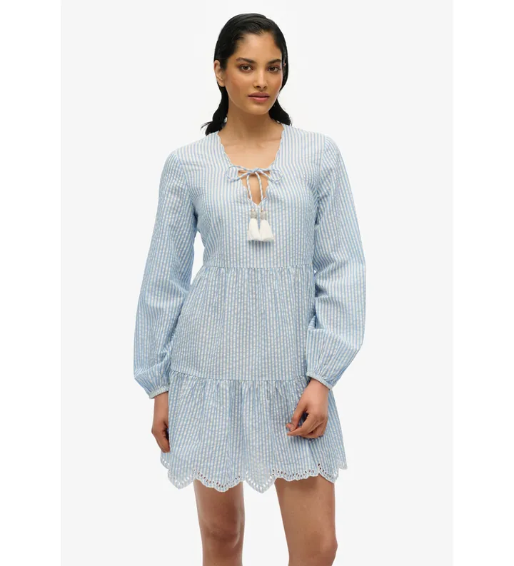 Superdry para mujer. W8011914A Minivestido escalonado con bordado azul (L), Casual, Algodón, Manga larga