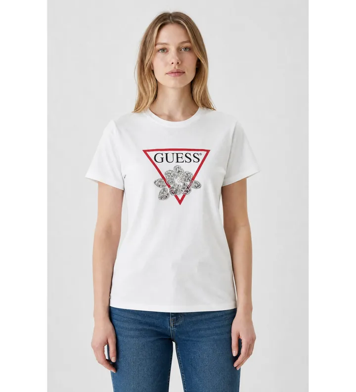 Guess para mujer. W5YI38I3Z14 Camiseta Triangulo con perlas blanco (M), Casual, Algodón, Manga corta