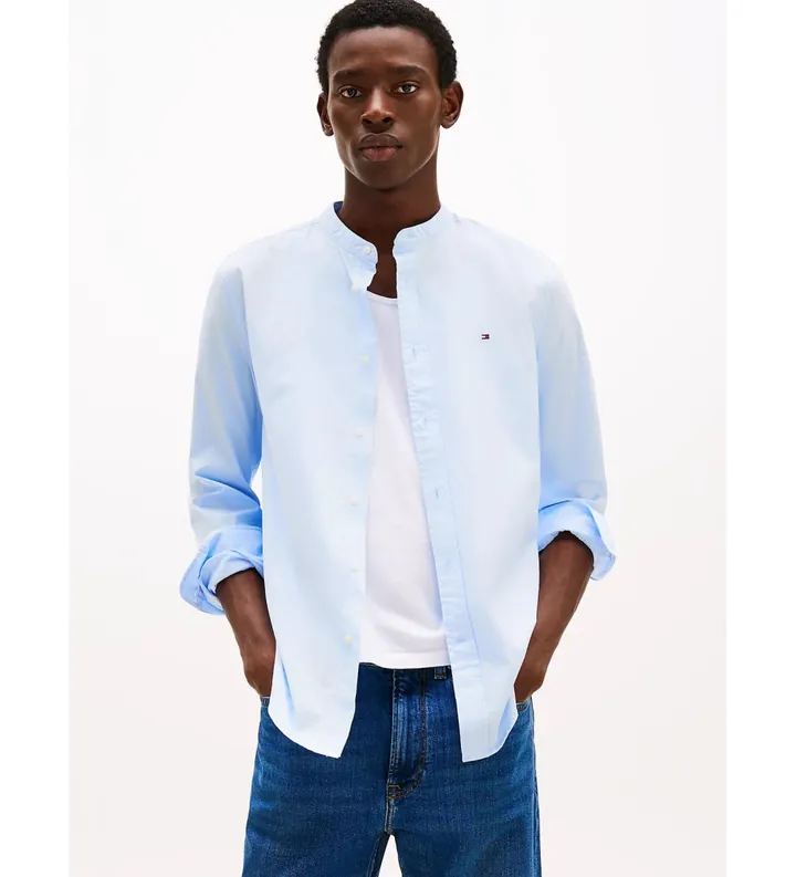 Tommy Hilfiger para hombre. MW0MW39966 Camisa Flex con cuello grandad azul (XXL), Casual, Algodón, Manga larga