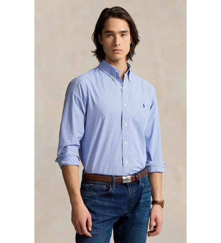 Polo Ralph Lauren para hombre. 710928255004 Camisa de popelina elástica Custom Fit azul (3XL), Casual, Algodón, Clásico, Manga larga