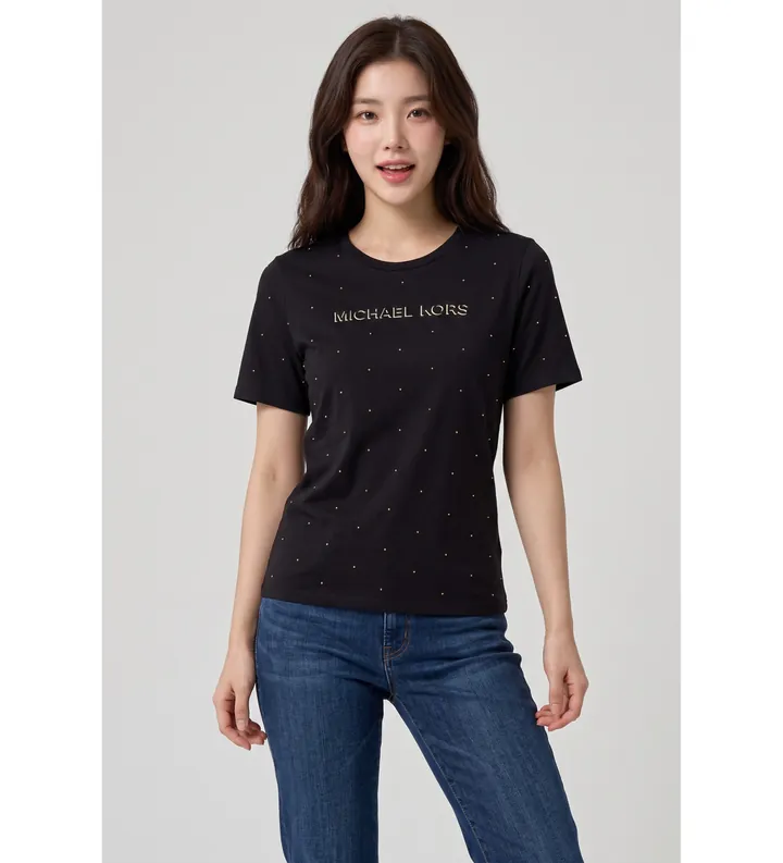 Michael Kors para mujer. MT6524Y97J Camiseta Classic MK Stud negro (L), Casual, Manga corta, Algodón Orgánico