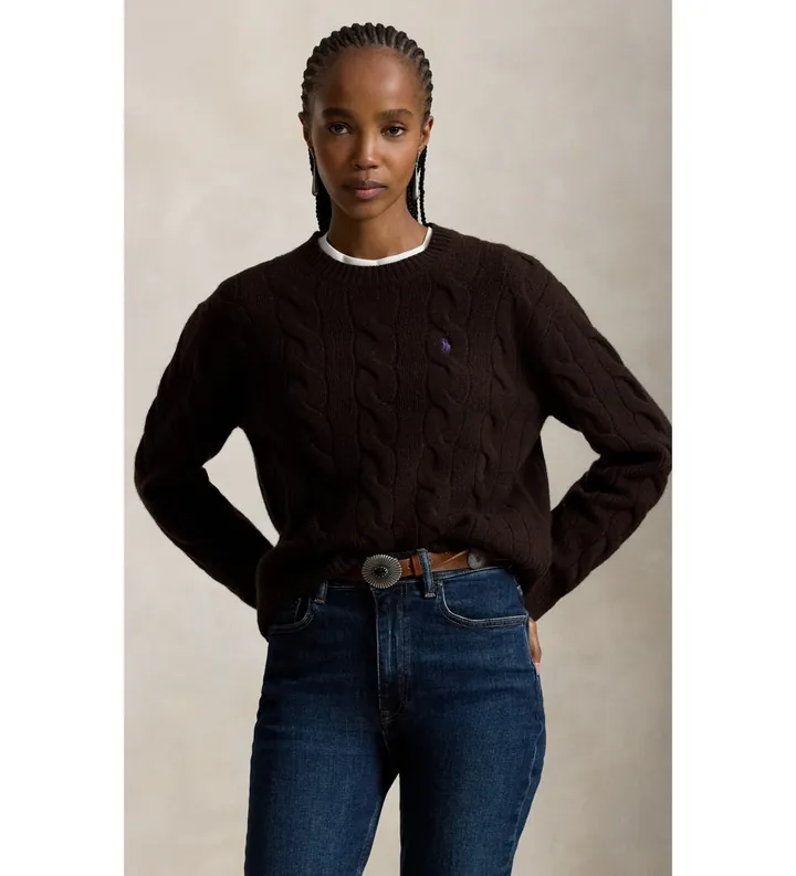 Polo Ralph Lauren para mujer. 211A91216017 Jersey de lana y cachemira marrón (L), Casual, Manga larga