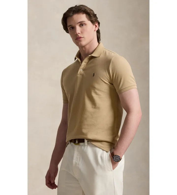 Polo Ralph Lauren para hombre. 710941439511 Polo de piqué elástico Custom Slim Fit beige (XXL), Casual, Algodón, Manga corta