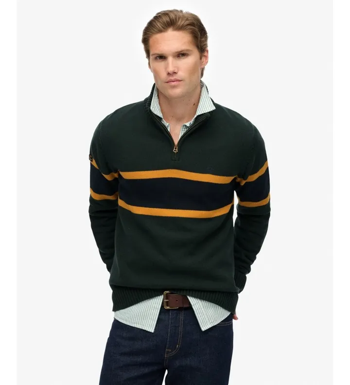 Superdry para hombre. M6110709A Jersey con media cremallera Stripe verde (L), Casual, Algodón