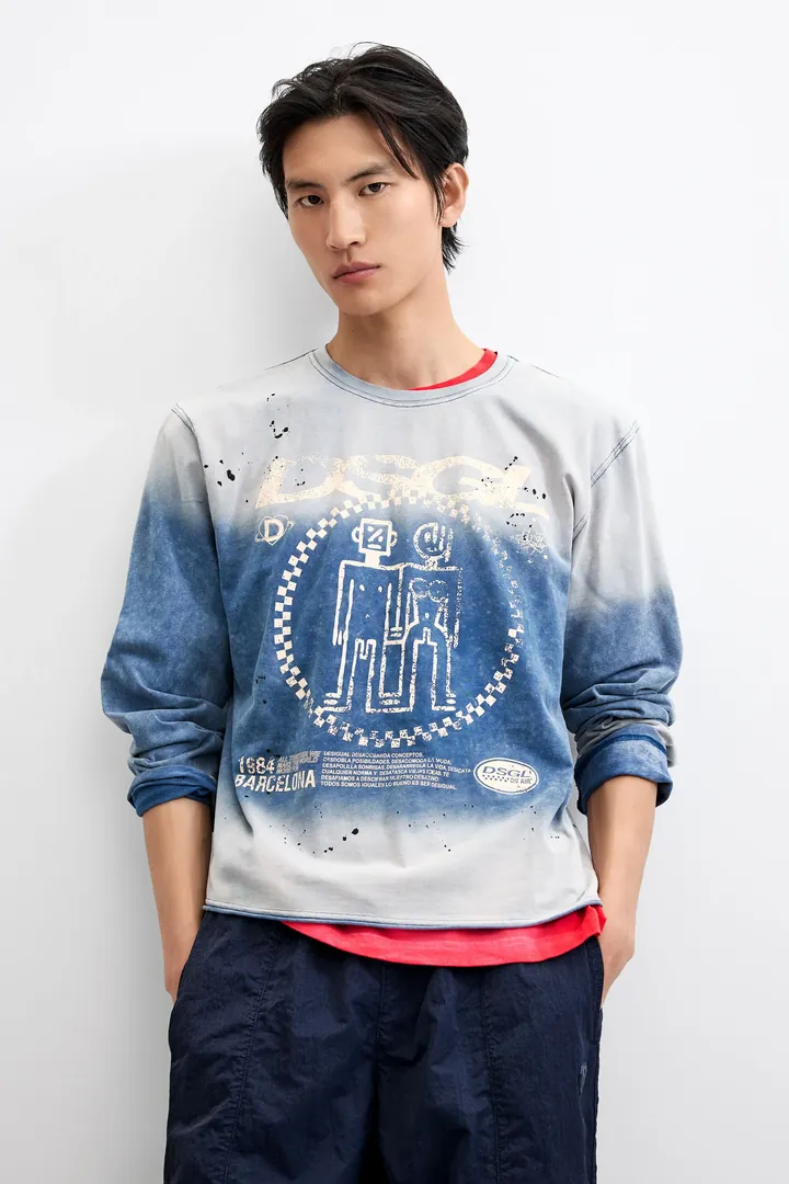 Desigual, Camiseta estampada logoo, Hombre, Algodon, Azul, L