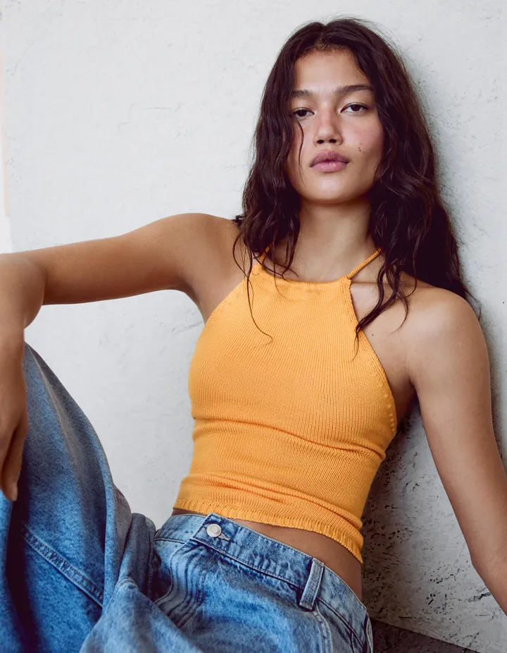 Bershka Top Rústico Halter Mujer L Naranja