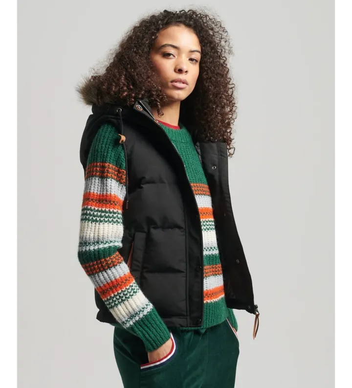 Superdry para mujer. W5011395A Chaleco de pelo sintético Everest negro (L), Casual, Poliéster