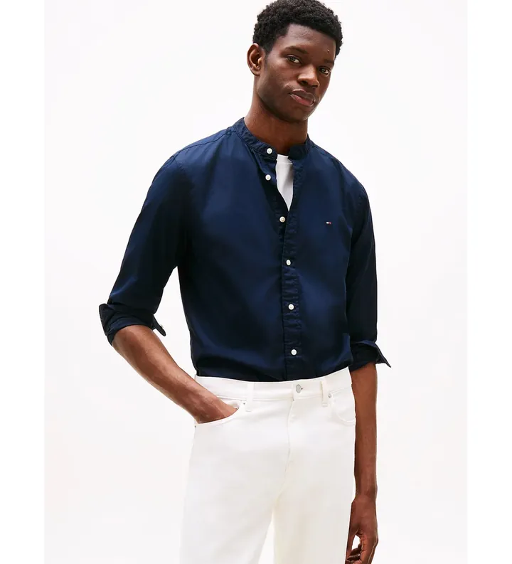 Tommy Hilfiger para hombre. MW0MW39966 Camisa Flex con cuello grandad marino (L), Casual, Algodón, Manga larga