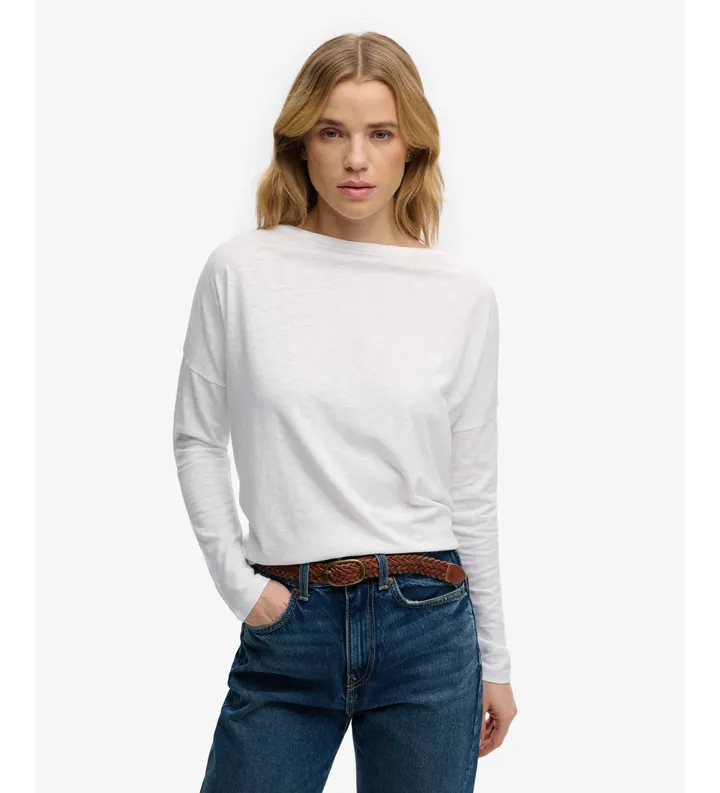 Superdry para mujer. W6012266A Camiseta Studios blanco (L), Casual, Algodón, Manga larga