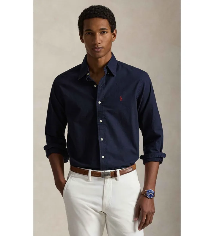 Polo Ralph Lauren para hombre. 710723610003 Camisa oxford Slim Fit teñida en prenda marino (3XL), Casual, Algodón, Clásico, Manga larga