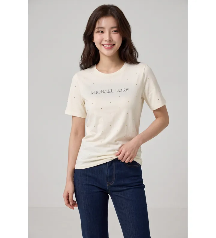 Michael Kors para mujer. MT6524Y97J Camiseta Classic MK Stud blanco roto (L), Casual, Manga corta, Algodón Orgánico
