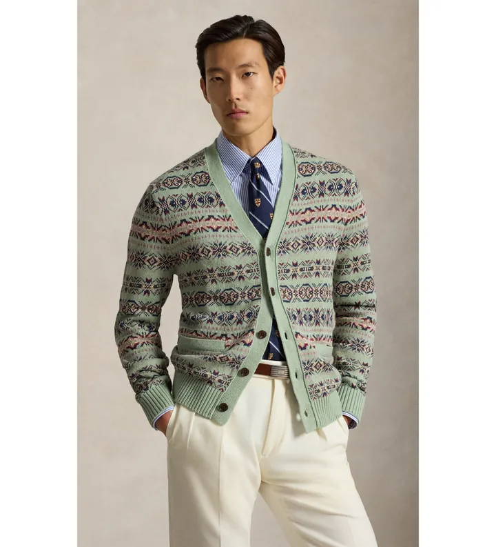 Polo Ralph Lauren para hombre. 710B17549001 Cárdigan Fair Isle de lino y algodón verde (L), Casual