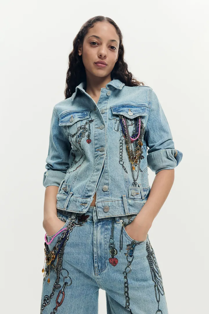 Desigual, Cazadora denim estampada, Mujer, Algodon, Azul, L