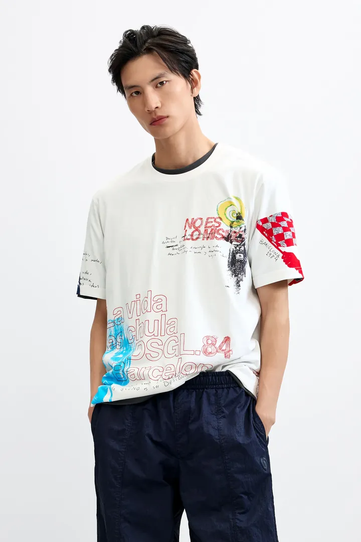 Desigual, Camiseta estampada gráfica, Hombre, Algodon, Blanco, L