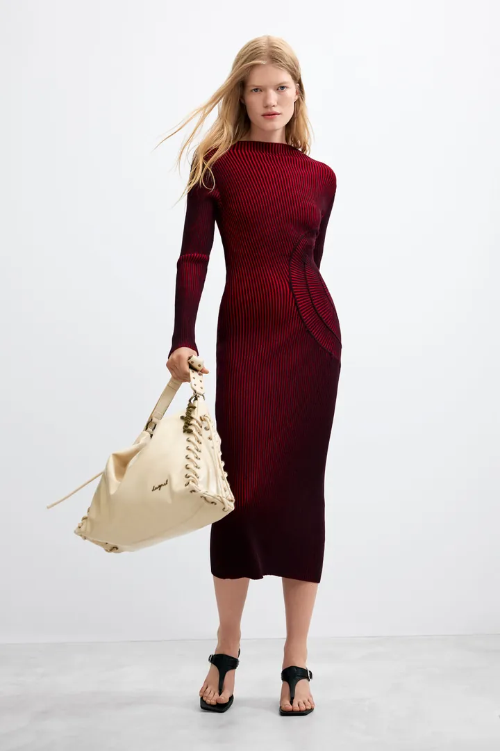 Desigual, Vestido midi punto tornasolado, Mujer, Rojo, L